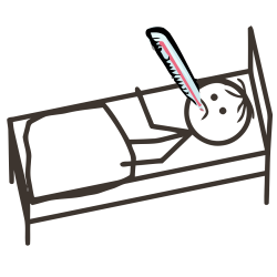 Bild: Krankes Strichmännchen liegt mit Fieberthermometer im Bett.