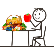 Bild: Ganzheitliche Ernährungsberatung - Fröhliches Strichmännchen isst an einem Tisch Obst und Gemüse.