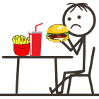 Bild: Ganzheitliche Ernährungsberatung - Unzufriedenes Strichmännchen isst einen Burger, auf dem Tisch vor ihm stehen Cola und Pommes Frites.